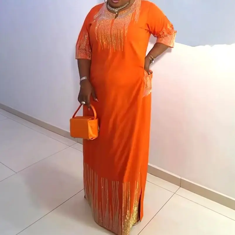 

African Dresses for Women Headscarf Set Plus Size Diamond Evening Wedding Party Dress Ankara Dashiki Africa Clothing Boubou Robe