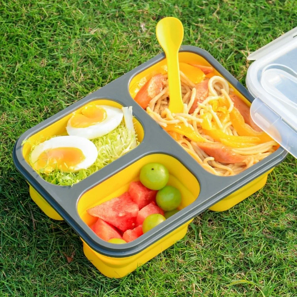 

1350ml Microwaveable Silicone Lunch Box Large Capacity Rectangular Foldable Lunch Box with Spork Fresh Keeping Airtight