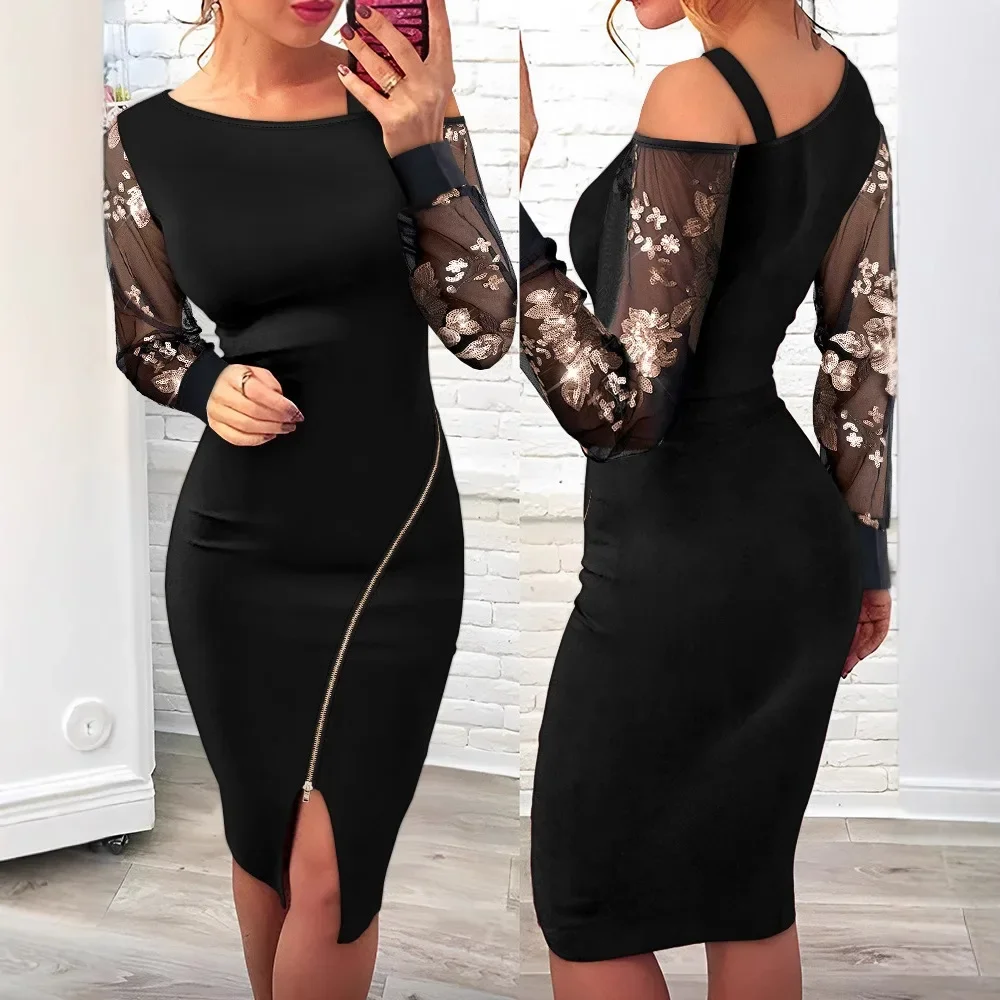 Bodycon Dress Zip Up Floral Pattern Contrast Sequin Cold Shoulder Sheer Mesh Patch Midi Dress