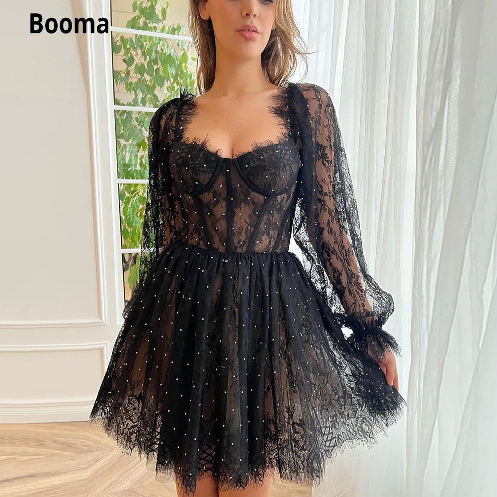 

Booma Black Lace Mini Prom Dresses Sweetheart Rhinestones A-Line Evening Party Gowns Sheer Long Sleeves Above Knee Event Dresses