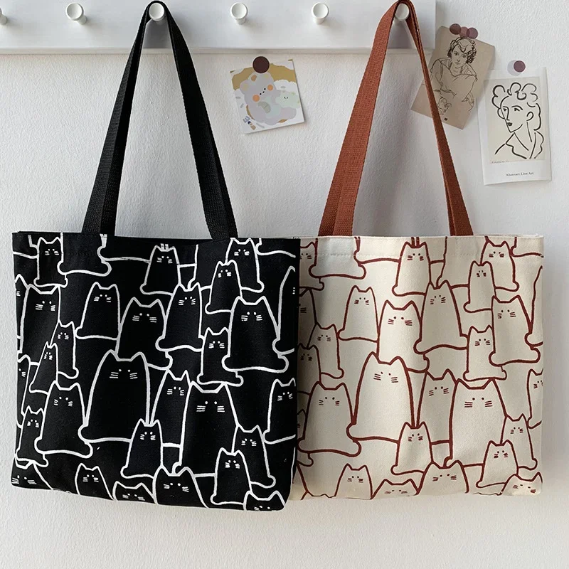 

Cute Cat Shopper Handbags Shoulder Fashion Canvas Casual Shopping Girls Women Graphic Tote BagJapanese Cartoon Small Shoulder