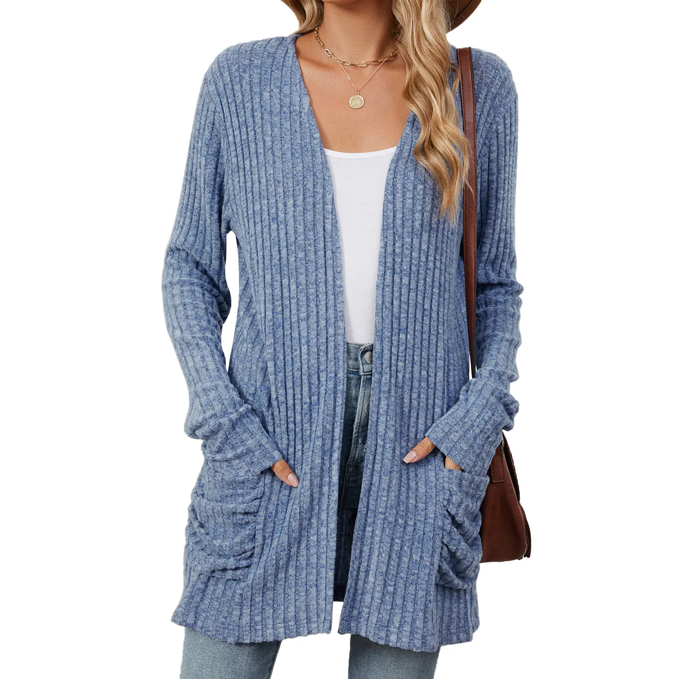 

New Style Solid Color Pocket Long-sleeved Base Cardigan Knitted Sweater