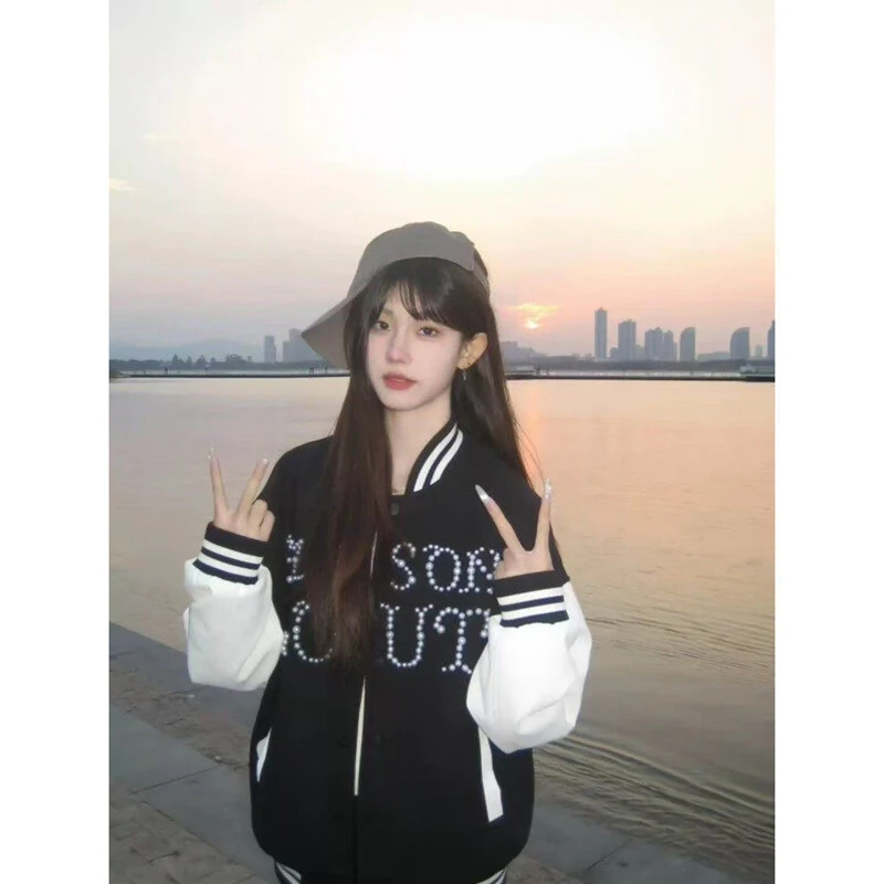 

Мужская бейсбольная куртка в американском стиле с жемчужным дизайном, весенне-осенняя, в стиле хип-хоп, уличная мода, крутой бренд, из полиэфирного волокна