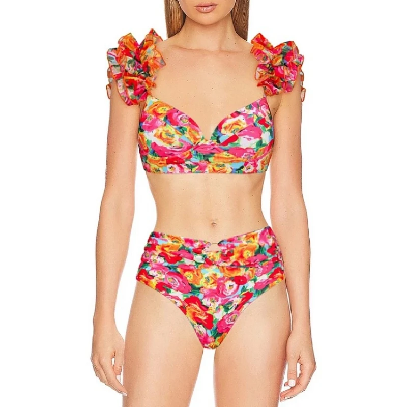 2025 High Quality Push Up Women Bikini Set Floral Printed Ruffle Split Swimsuit Set Chiffon Skirt Brazilian Biquini Bathing Suit