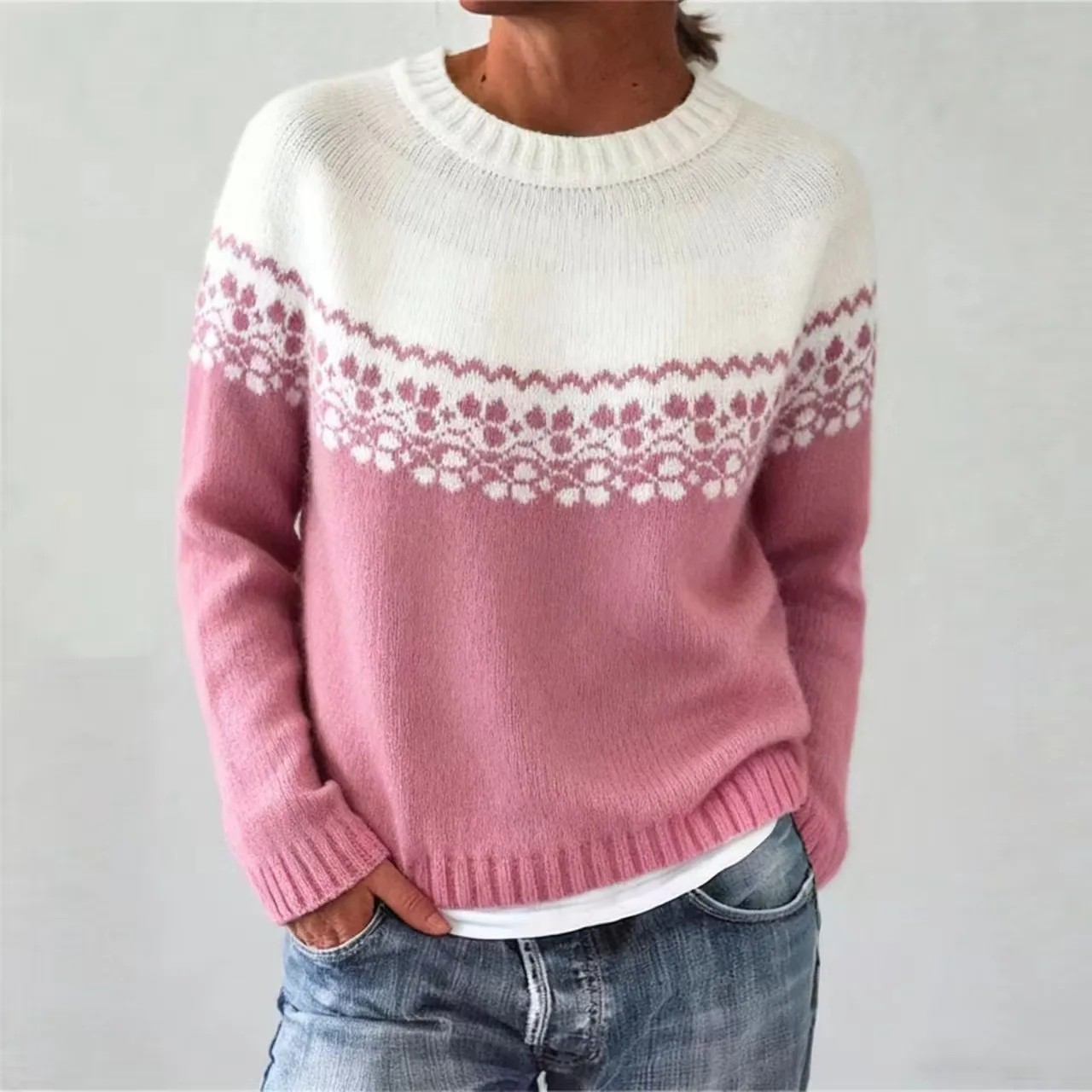 

New Pull En Maille Femme Autumn Winter Knitted Pullover Women's Color Block Loose Round Neck Long Sleeve Loose Versatile Sweater