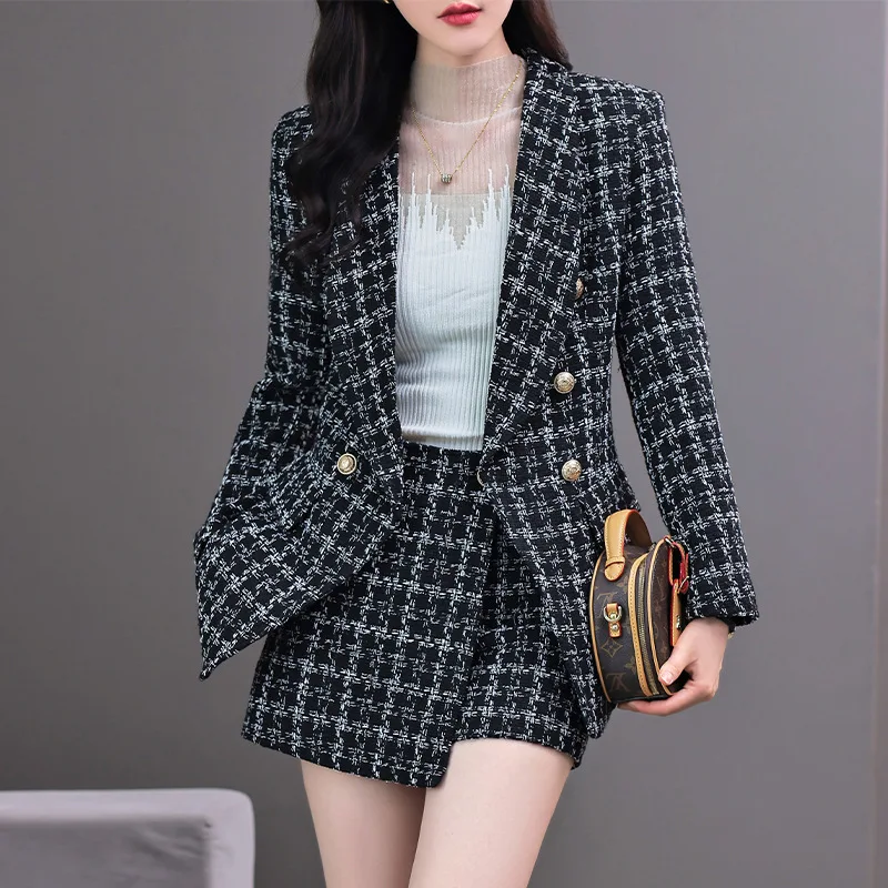 Tesco Women Pants Suit Plaid Double Breasted Short Skirt Set Fashion Casual Women Set for Office Lady  Form party chandal mujer