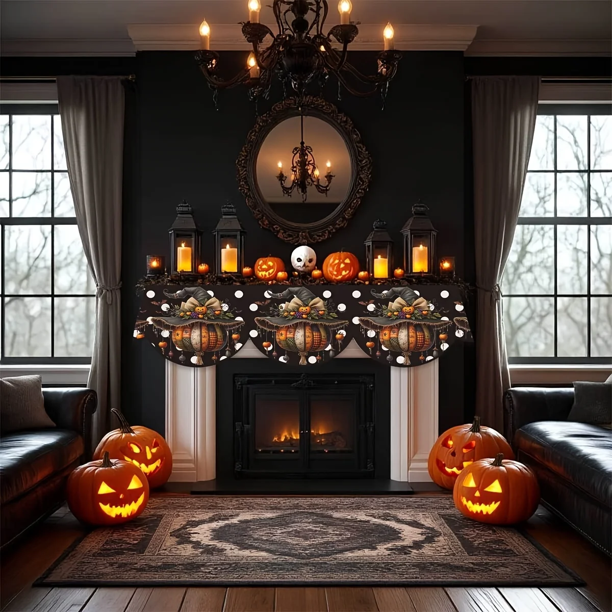 VIKAMA Halloween Polka Dot Witch Pumpkin Fireplace Mantel Scarf Fireplace Shelf Cover for Spooky Halloween Fall Home Party Decor