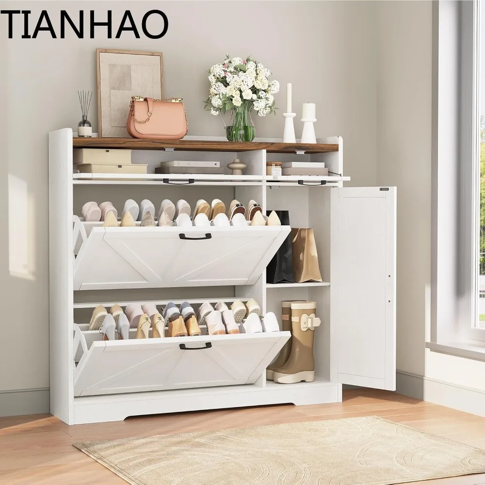 Shoe Cabinet for Entryway, Shoe Organizer Cabinet, Freestanding Shoe Organizer with 2 Flip Drawers, Narrow