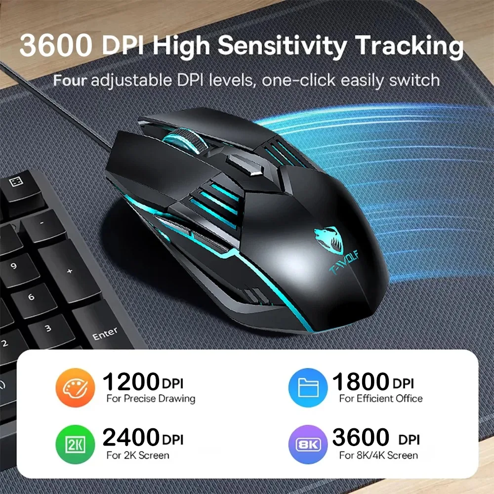 

Проводная игровая мышь KEBIDUMEI с RGB-подсветкой, 3600 точек на дюйм, 4 уровня чувствительности, 6 кнопок, эргономичная мышь, USB-мышь для ПК, Windows, Mac, ноутбука