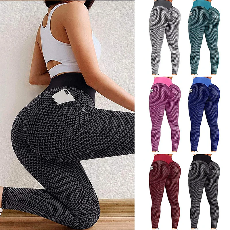 

Women Plus Size Pocket Yoga Pants High Waist Elastic Push Up Fitness Sports Leggings Girls Gym Workout Honeycomb Sweatpants