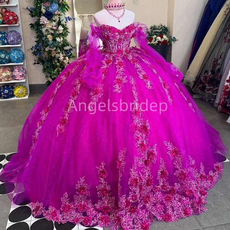 Angelsbride-Vestido de noite com apliques 3D, vestido de baile, vestidos Quinceanera, manga comprida, novo, 2022, 15