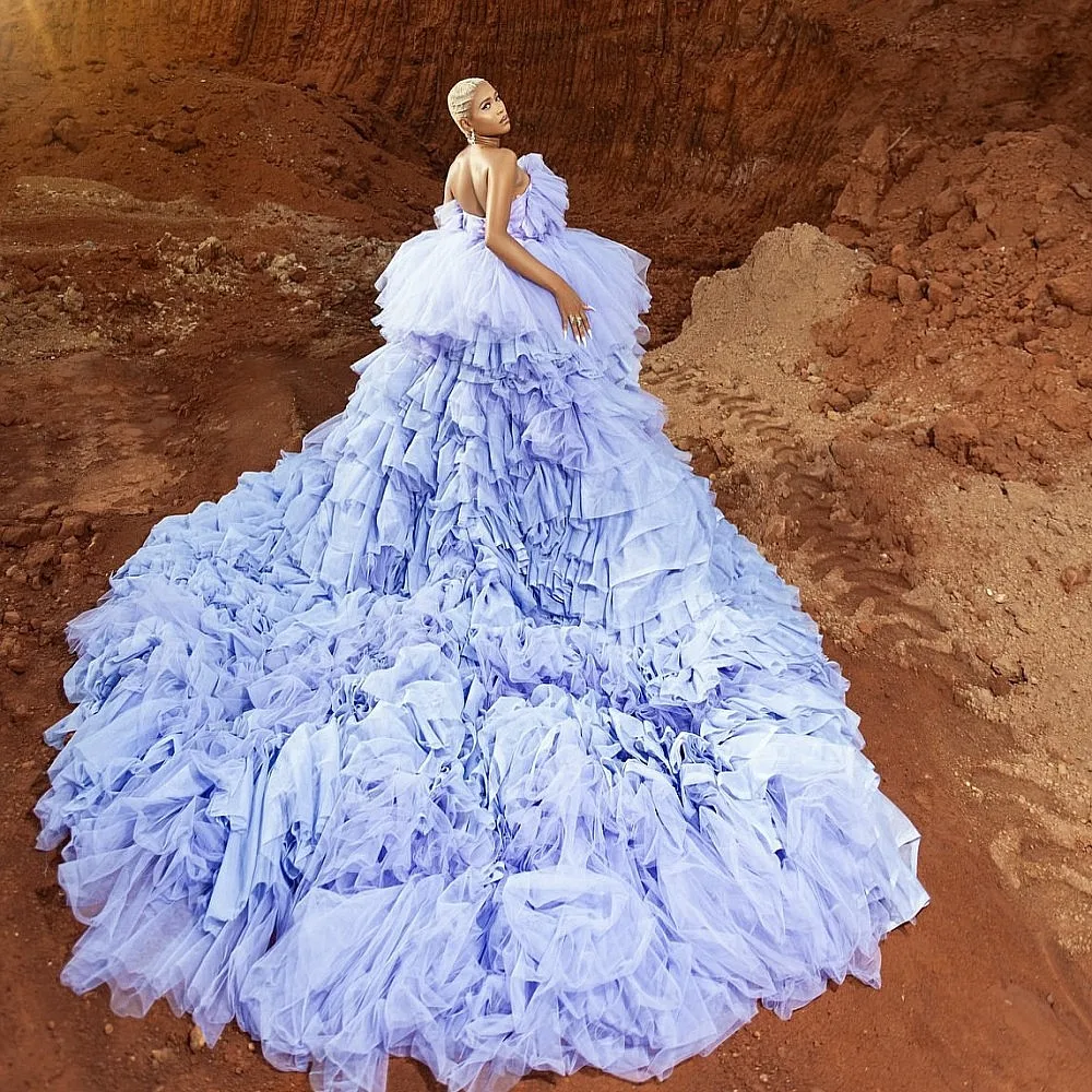 Lavanda babados em camadas tule fofo vestidos de aniversário com trem longo decote aberto bonito vestido de baile vestidos de noiva meninas festa