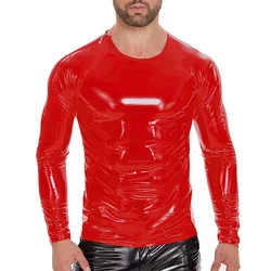 Plus Size S-7XL Mens Black/Red Glossy PVC Leather T-Shirts Zipper Shoulder Long Sleeve Latex T shirt Tops Male Party Clubwear