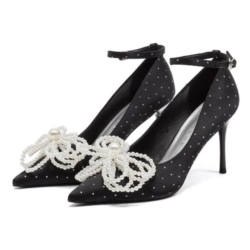 

Элегантные декоративные туфли-лодочки с бантом из бисера, женские роскошные дизайнерские туфли с острым носком и пряжкой на щиколотке, модные свадебные туфли