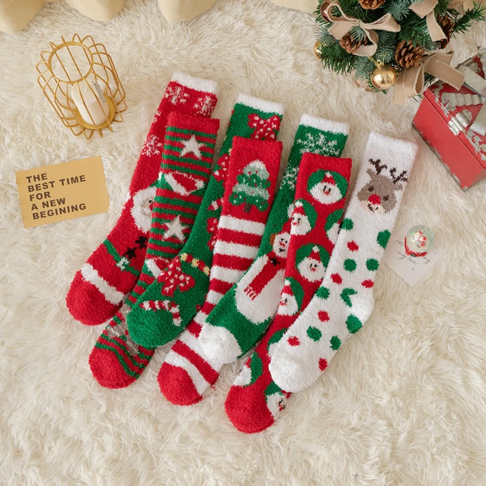 

Coral Fleece Long Christmas Socks New Thickened Christmas Gift Floor Sleep Sock Snowflake Deer Tree Coral Plush Socks New Year