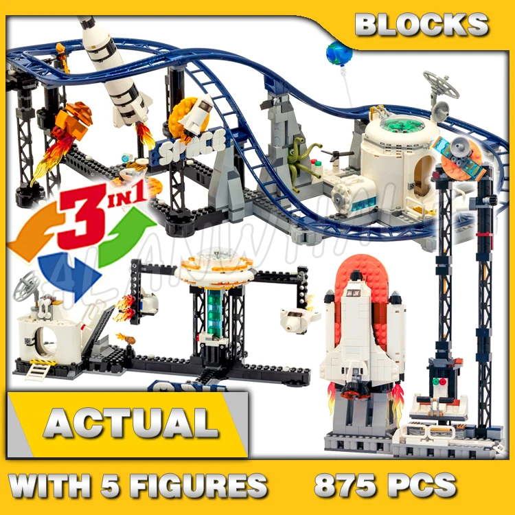 875pcs Creator 3in1 Space Roller Coaster Drop Tower Carousel Astronaut 68000 Building Block set Compatible with Model