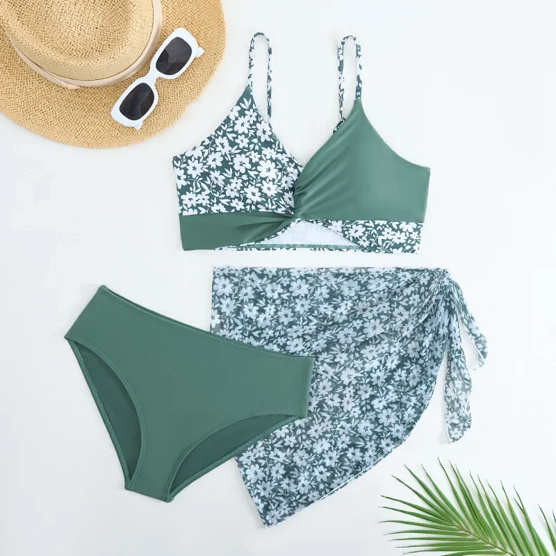 

Girls Floral High Waist Bikini Kids Swimsuit with Mini Skirts 8-12 Years Children's Swimwear 2026 Teenagers Bathing Suit Green