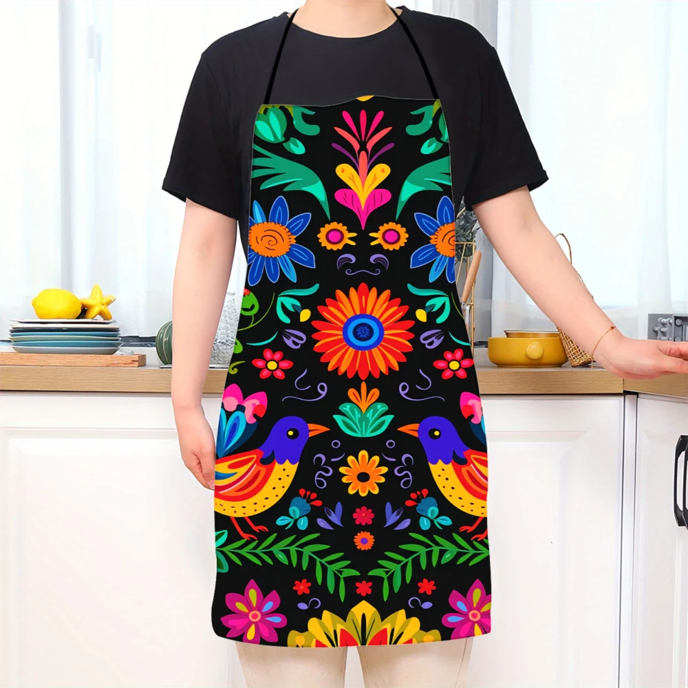 Mexican Style Apron Black Color Vibrant Floral And Bird Multicolor Flowers Leaves Pattern For Cooking And Kitchen Use Aprons