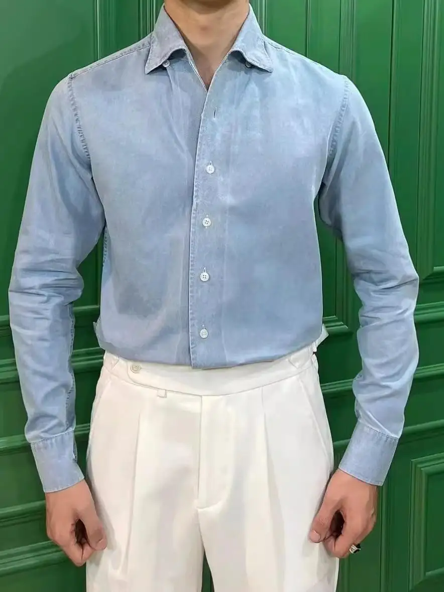 

Waed Denim Cotton Long Sve Casual irt Vintage Busin Casual Iron Free Collar Men's Spring Autumn Winter