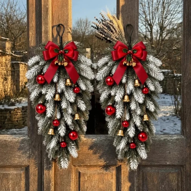 Artificial Christmas Decor Set Red Bow Golden Ring Bell Norfolk Pine Garland Red Ball Ornaments Plastic Holiday Wreath Set Wall
