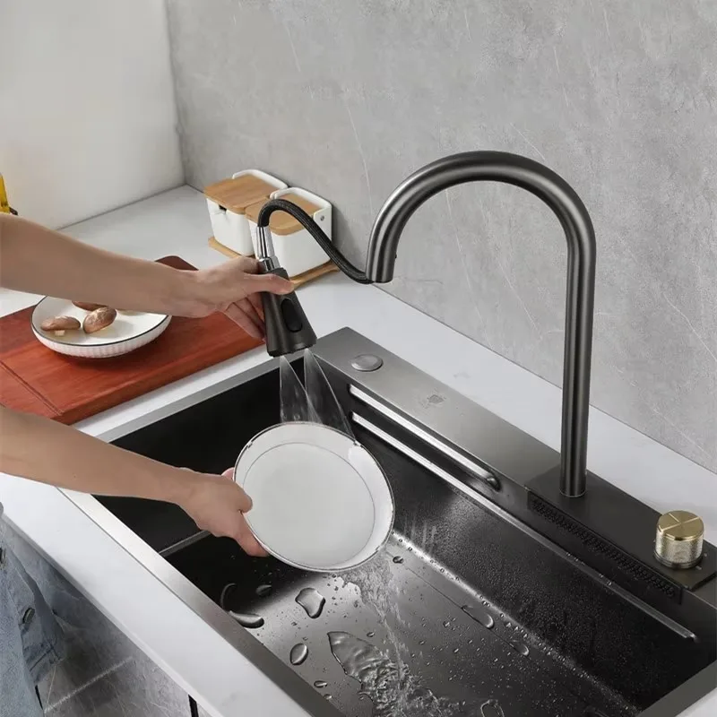 High Quality Wash Sinks Stainless Steel Undermount Workstation Lefton Waterfall Kitchen Sink With Cup Washer