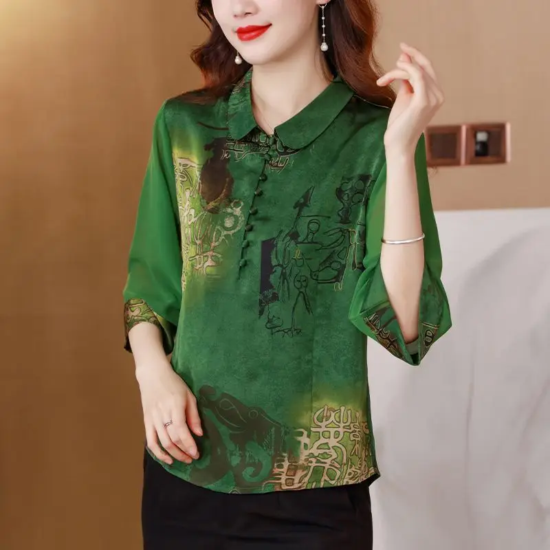 Women\'s Clothing Spring Summer New Blouse Loose Satin Shirt 2023 V-Neck Three Quarter Large Printing Elegant Fashion Vintage Top