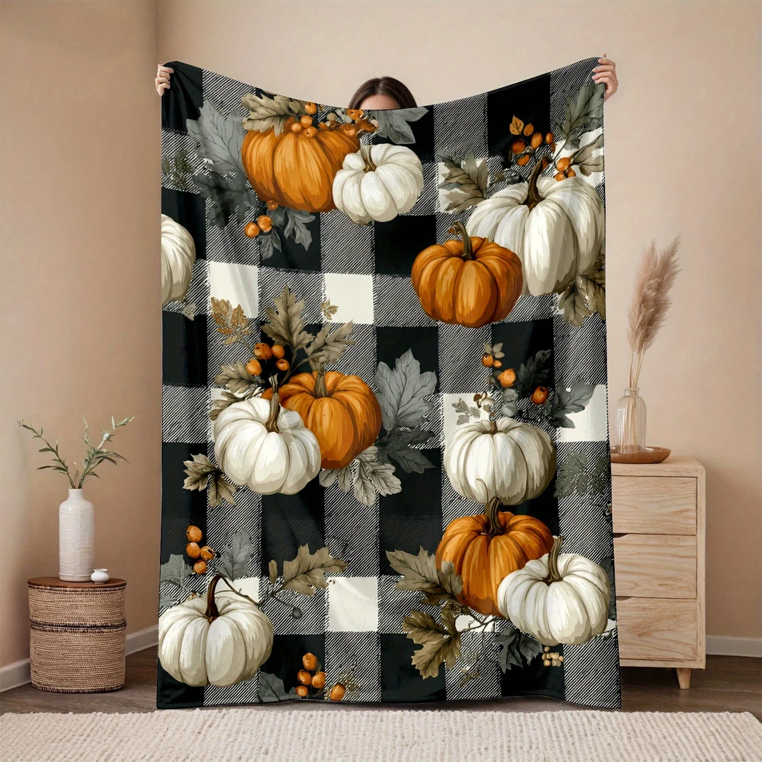 

1pc Room Decoration Blanket, Pumpkin, Grid, Leaf Pattern Flannel Blanket, Quilt Set, Bedroom Decoration And Accessories, Holiday