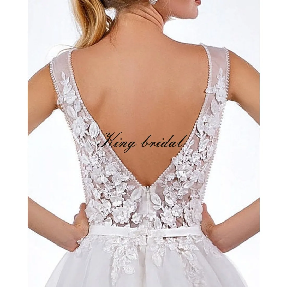 Abito da sposa linea A in pizzo floreale, abito da sposa in tulle, abito da sposa con schiena bassa, abito personalizzato ricamato con cristalli e perle