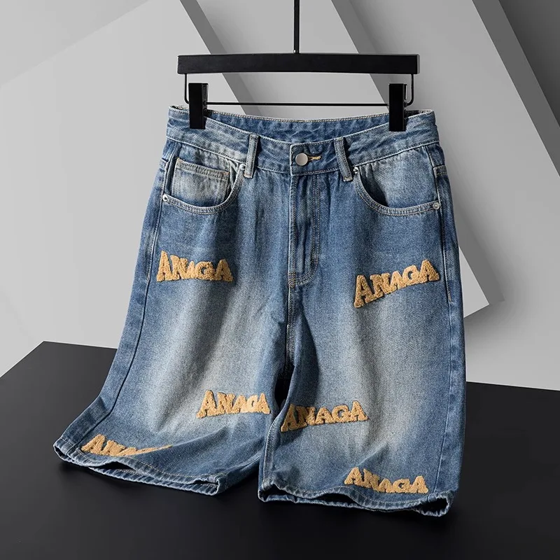 

Retro American Loose Fit Men's Embroidered Denim orts High Street Sle Five-Quarter Length Youth Faion Casual Jeans