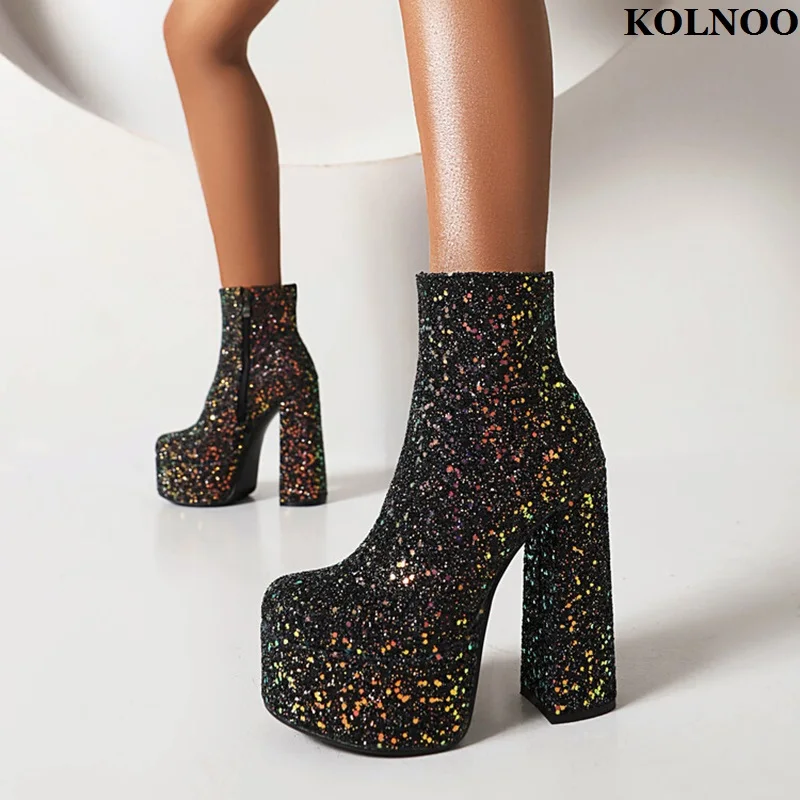 

Kolnoo Handmade New Ladies Thick Heel Ankle Boots Glitter Platform Sexy Night Club Dress Booties Evening Fashion Hot Sale Shoes