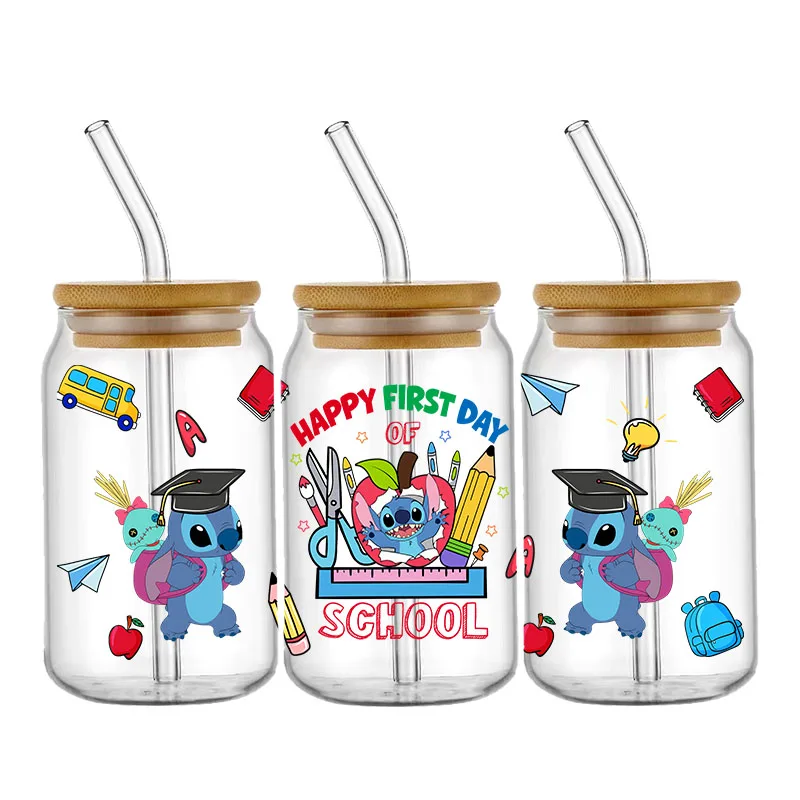 Disney Cartoon Back to School 16OZ UV DTF Cup Wraps Transfer Sticker For Glass Libbey Can Bottle Selfadhesive Washable Custom