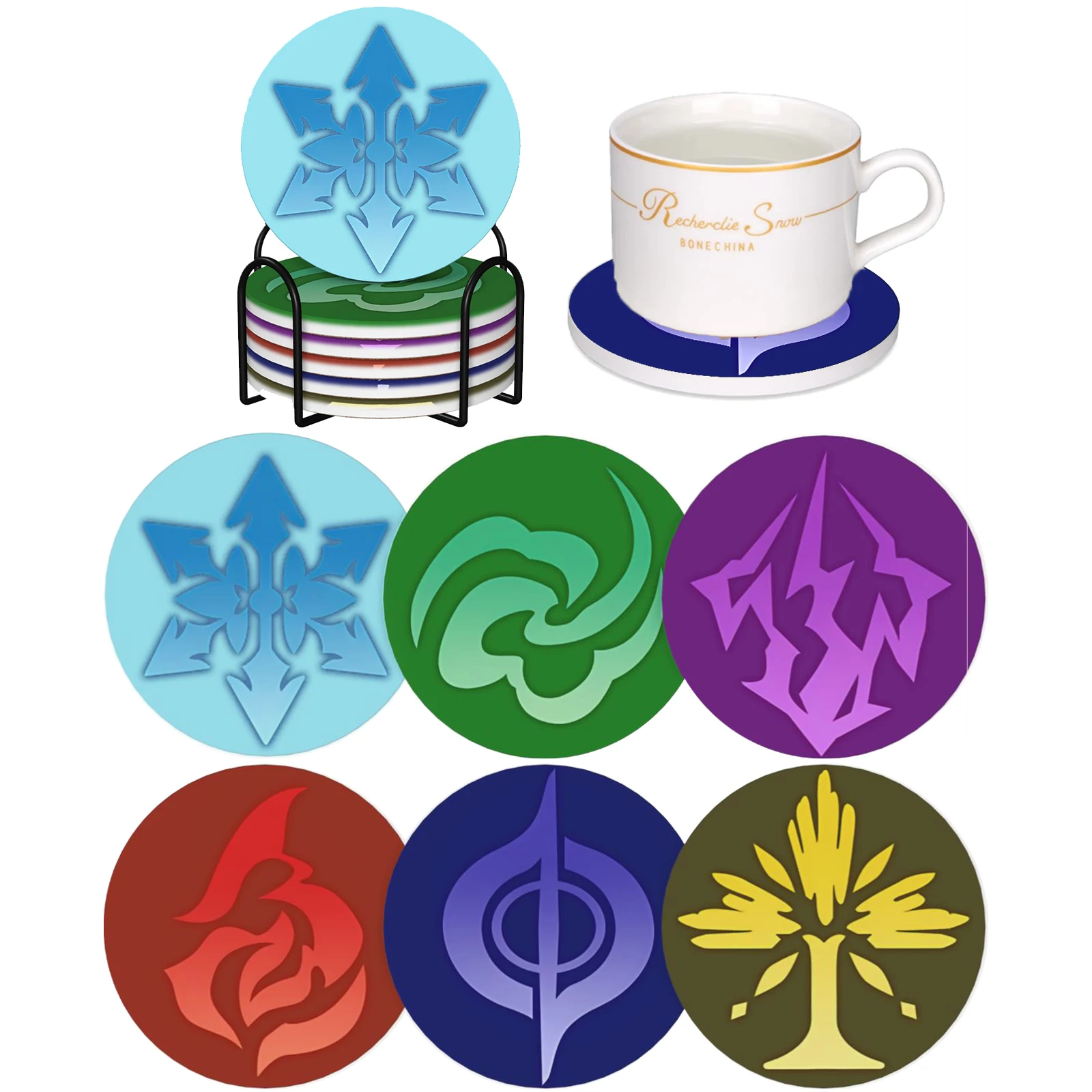 

Honkai Star Rail Elements Symbols Absorbent Ceramic Coasters Set of 6 with Holder Non-Slip Cup Mat Coffee Table Gamer Gift