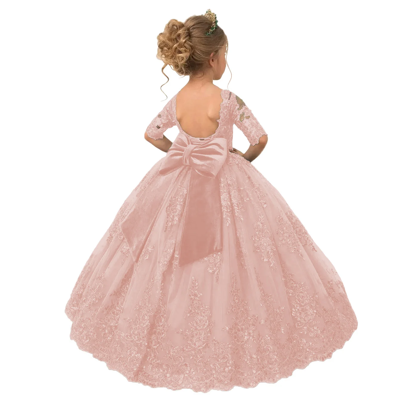 Verde Tulle Lace Long Half Sleeved Lantejoula Bow Belt Flower Girl Dress Casamento Flor Criança Aniversário Comunhão Vestido