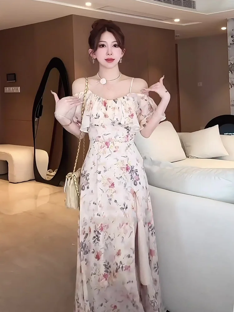 Letnia kolekcja 2025: Nowa, modna, czysta i urocza sukienka damska na wakacje, z koronkowym wykończeniem, paskiem, kwiatowym wzorem, codzienna, z włókna poliestrowego.