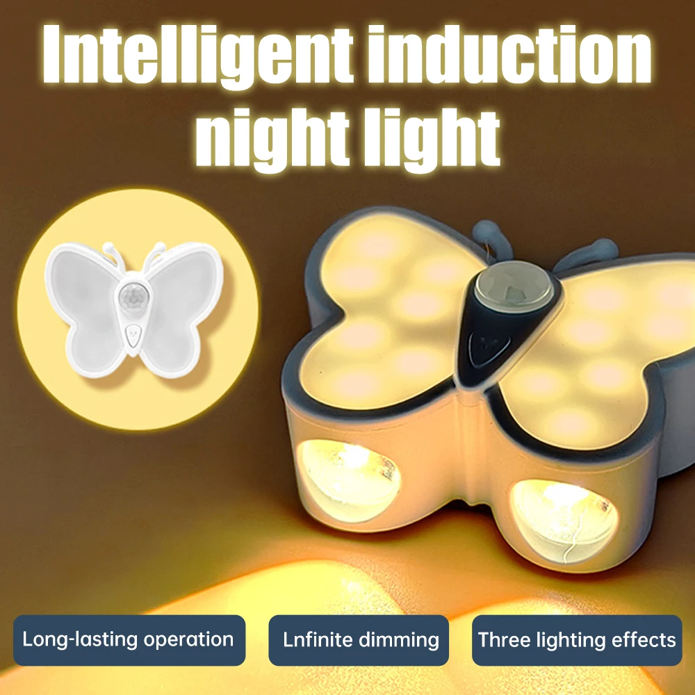 Wireless Sensor Night Light Rechargeable Magnetic Suction Bedroom Lamp 3-Mode Dimmable Butterfly Light for Aisle Porch Hallway