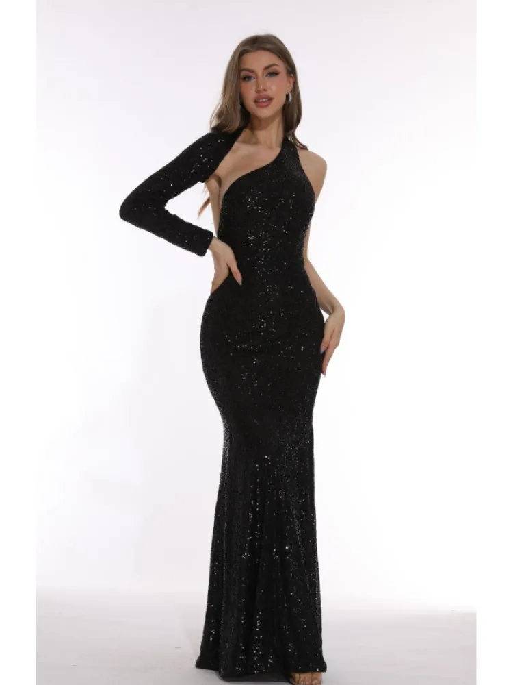 

New Women Sexy Sparkly Glitter Black Bodycon Maxi Dress Birthday Elegant Party Evening Stage Performance Dress Costume Vestido