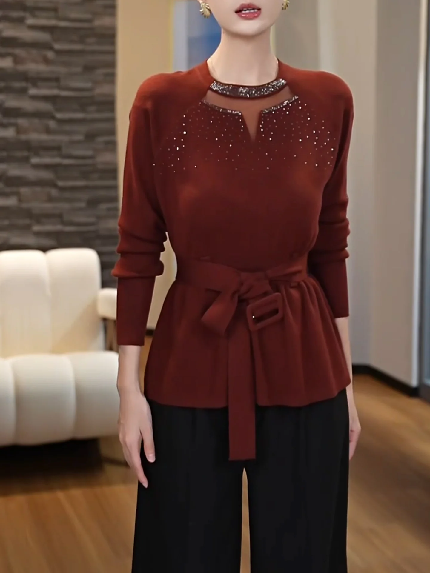 

Red Sequin Trim Slim Fit Knitwear round Neline Waist-Cinching Design Large Size Women's Top Ele Sle Long Sve