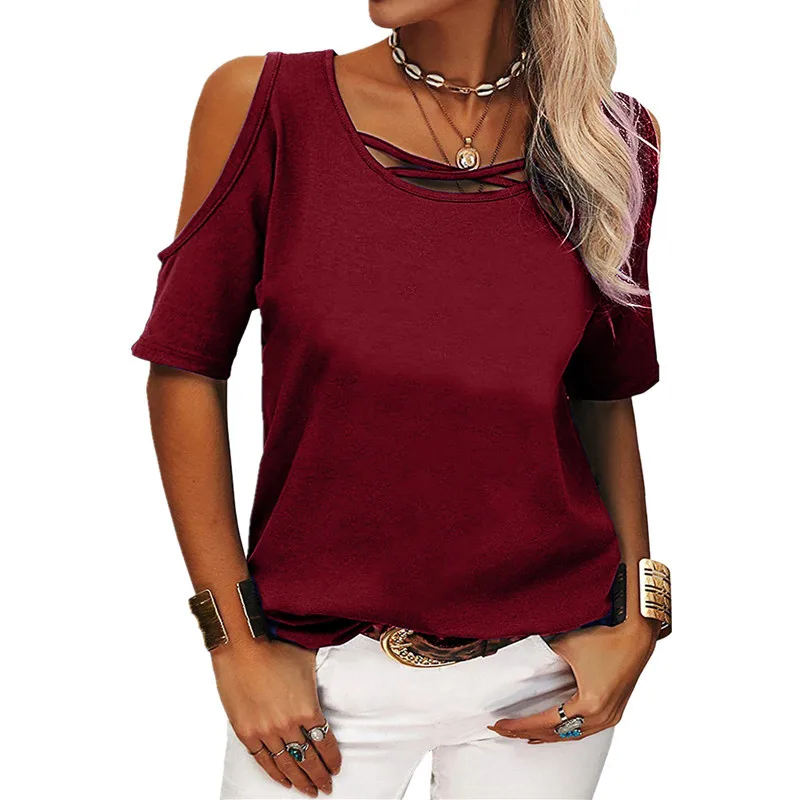 2022 Spring and Summer Women's Polo shirt Fashion Casual Solid Color Off Shoulder Loose Short Sleeve T-shirt Women