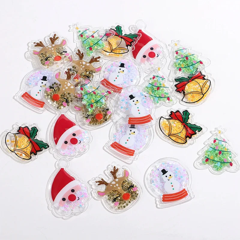Christmas Quicksand Charms, Santa Reindeer Snowman Tree Bell PVC Sequins Pendant DIY Jewelry Keychain Making Accessories