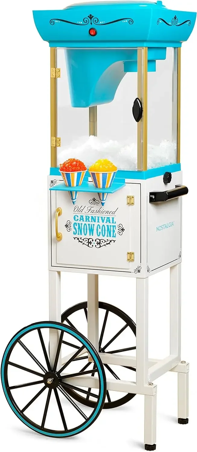 

NEW Snow Cone Shaved Ice Machine - Retro Cart Slushie Machine Makes 48 Icy Treats - Includes Metal Scoop, Storage