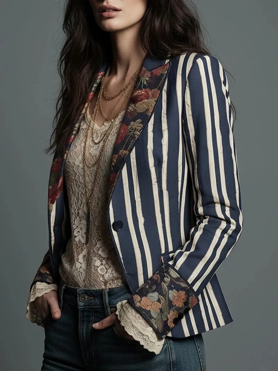 Striped Collar Coat Regular Length Elegant Cross Border Style with Fitted Silhouette European and American Style Women Jacket