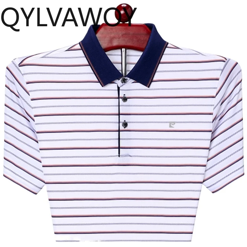 QYLVAWOY 100% Silk Men's Silk Short Sleeve Polo Shirt Loose Half-Sleeve Ice Silk Middle-Aged Elderly Dad's Outfit Summer LJ2162