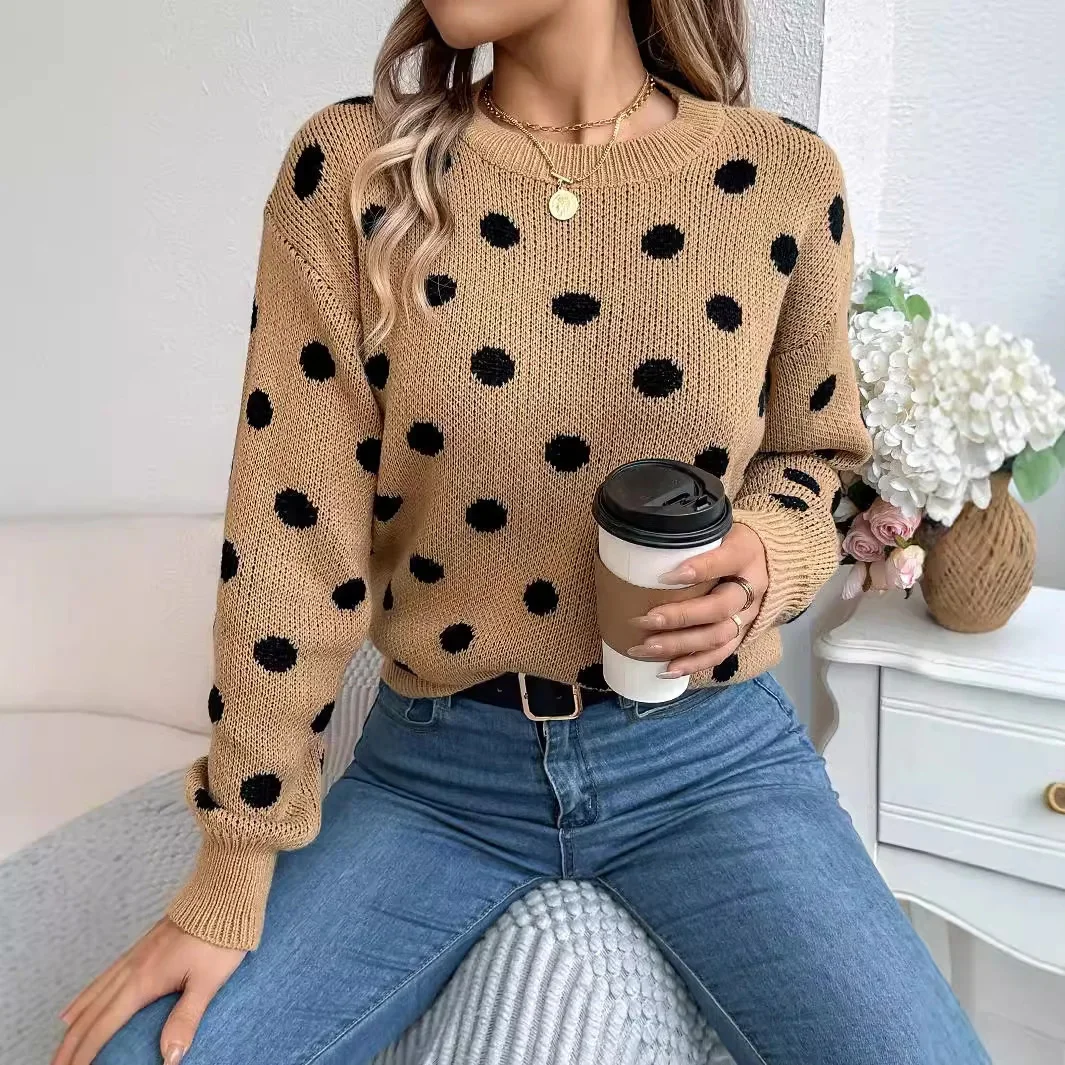 

2025 Autumn/Winter Casual Contrast Color Polka Dot Sweater Women Round Neck Loose Pullover Female Fashionable Retro Outerwear