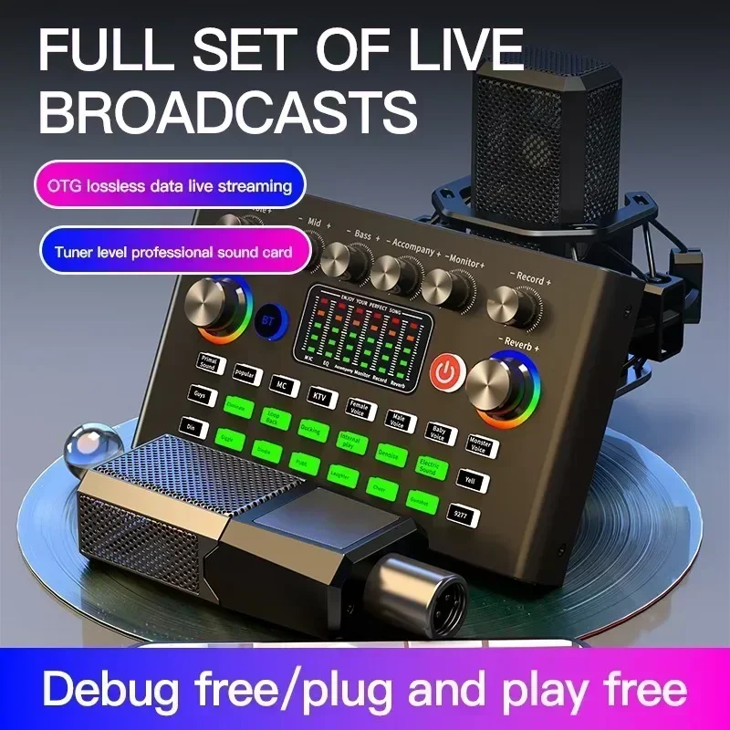 Studio Equipment F009 Audio Mixer Live Sound Card and Audio Interface with DJ Mixer Effects and Voice Changer Podcast Production