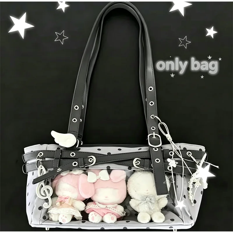 Polka Dot Ita-Tasche mit transparentem Sichtfenster, Damen Anime-Schultertasche, Lolita-Handtasche für Mädchen, Kawaii-Geldbörse mit Gürtelschnallendesign – Detail 8