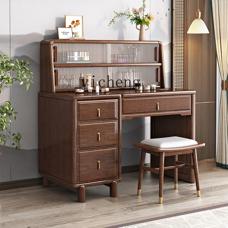 F1 New Chinese-style Solid Wood Dresser Walnut Small Apartment Clamshell Storage Storage Makeup Table