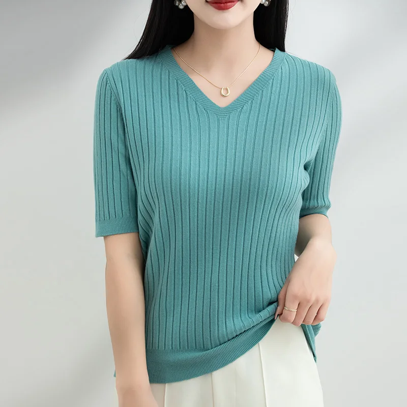 New Summer Fashion Women Vertical Stripe Sweater T-shirt Short-sleeve V-Neck Pullover Tees Korea Casual Knitted Tops