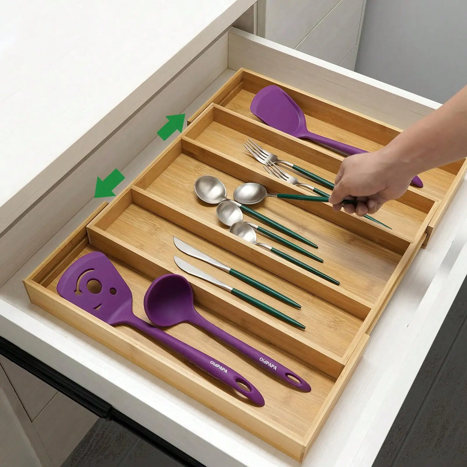 Expandable Bamboo Drawer Organizer with Dividers, Adjustable, for Cooking Utensils Cutlery, Kitchen Drawer Storage