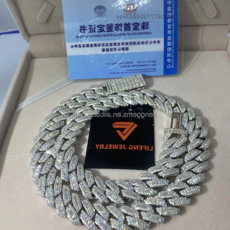 

Ювелирные изделия Lifeng, бюст вниз, багет, огранка VVS, муассанит, кубинская цепочка, ожерелье 15 мм, стерлинговое серебро, хип-хоп, бриллиант, кубинская цепочка