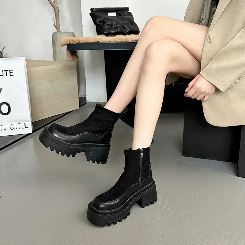 

Women's Ankle Boots Square Heel Waterproof Platform Wear-resistant Anti-slip Platform Shoes Side Zip Keep Warm Suede Commuter